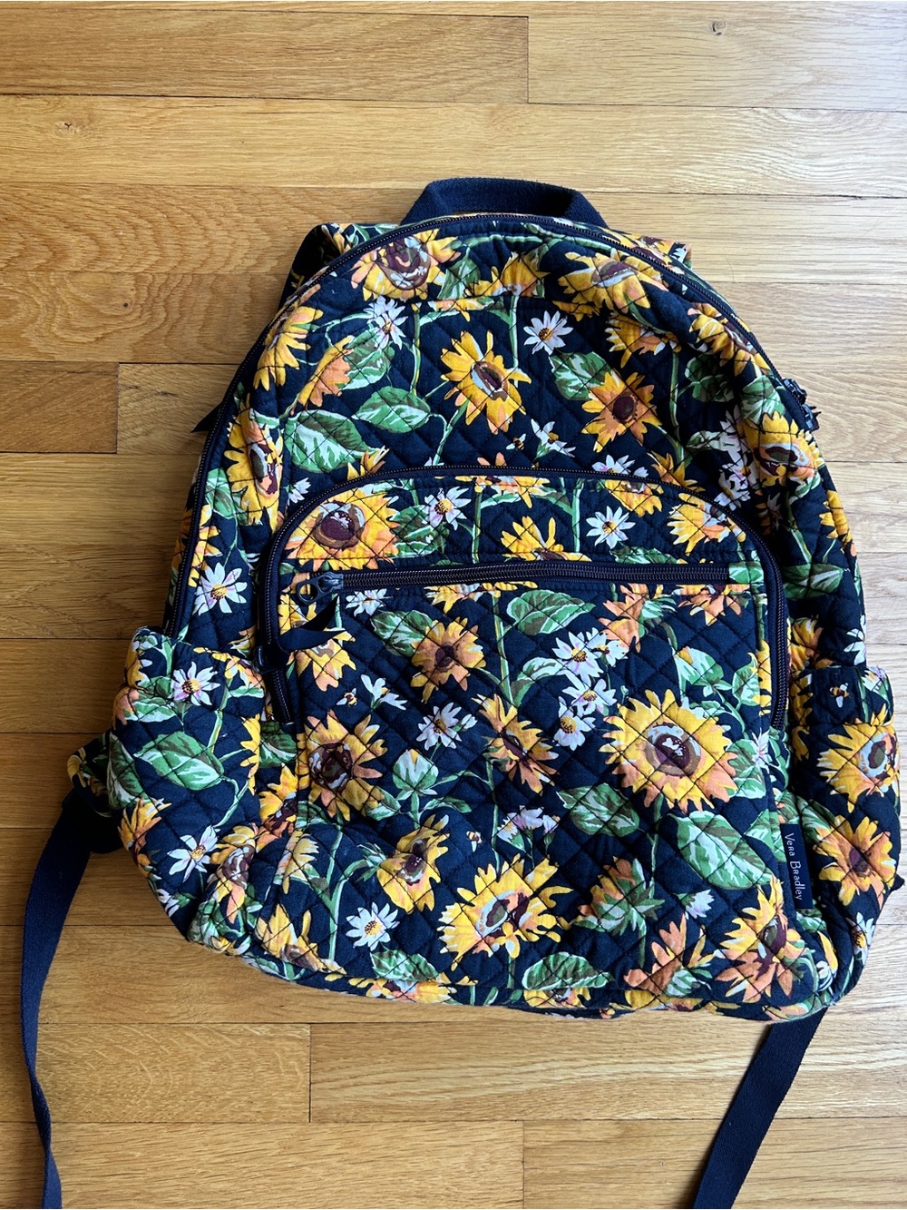 Vera Bradley Navy Quilted Campus Backpack with Yellow Sunflower Print